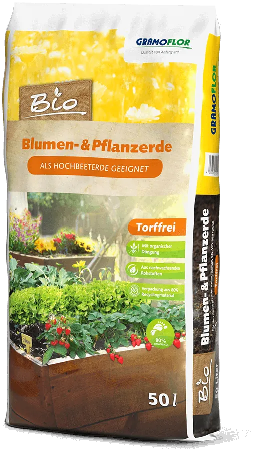 Saco de 50L de Bio Blumen- & Pflanzerde de Grahoflor, sustrato universal ecológico 100% libre de turba para plantas de temporada y aromáticas
