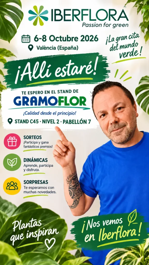 Cartel de Gramoflor para Iberflora 2026 con Vitor Hugo, de Mi Huerto Fácil, embajador en el stand C45